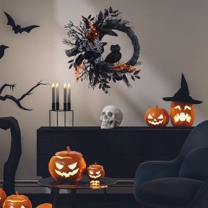 20-inch Black Owl Halloween Wreath with Vines, Artificial Roses, and Lights
