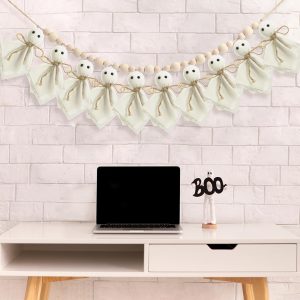 3 Ghosts Table Centerpiece, with Wooden Bead Garland, Handmade Farmhouse Style