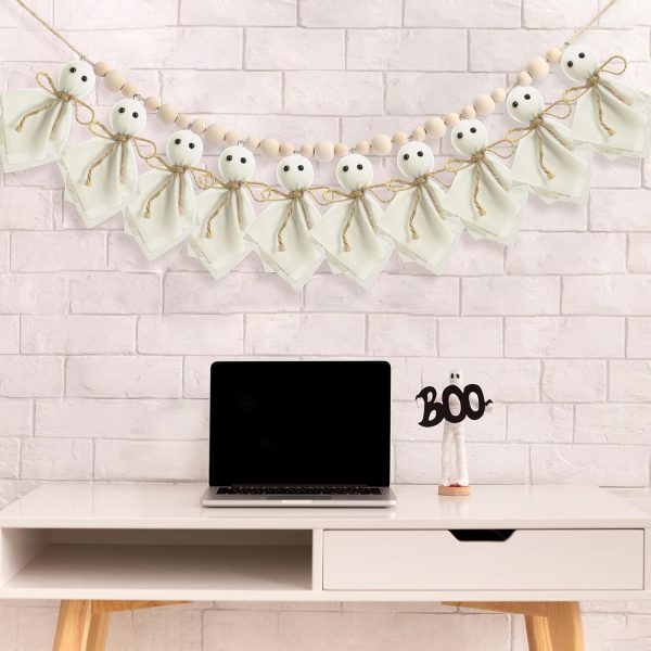 3 Ghosts Table Centerpiece, with Wooden Bead Garland, Handmade Farmhouse Style