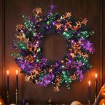 40-LED Light Up Halloween Wreath, 16-inch Maple Leaf Style, Orange Purple Green Glitter, with Timer