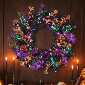 40-LED Light Up Halloween Wreath, 16-inch Maple Leaf Style, Orange Purple Green Glitter, with Timer