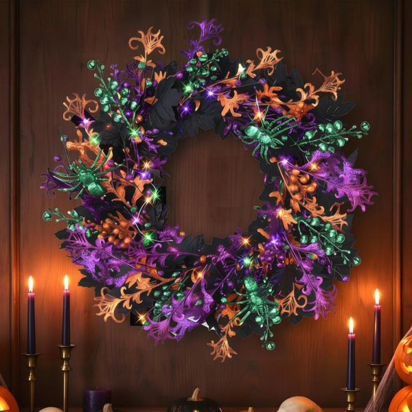 40-LED Light Up Halloween Wreath, 16-inch Maple Leaf Style, Orange Purple Green Glitter, with Timer
