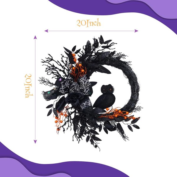 20-inch Black Owl Halloween Wreath with Vines, Artificial Roses, and Lights