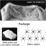 300g Stretchy Spider Web, 100 Black Horror Spiders, for Windows Doors Tables Fireplaces