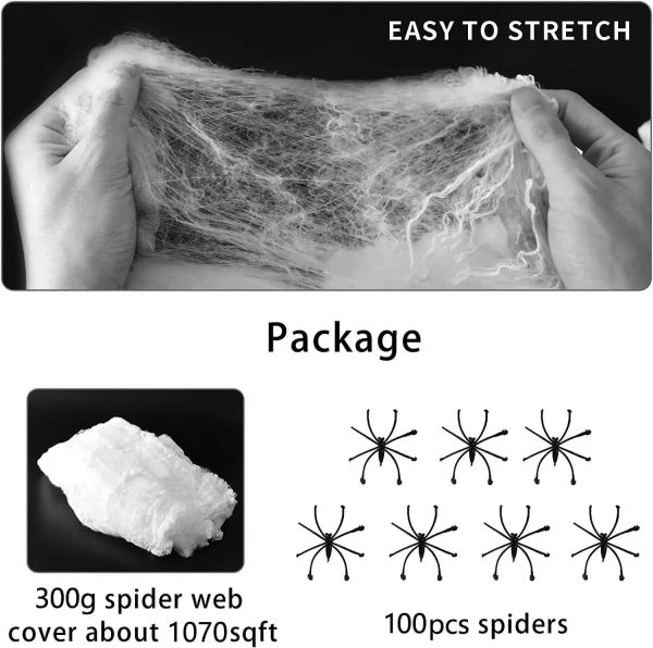 300g Stretchy Spider Web, 100 Black Horror Spiders, for Windows Doors Tables Fireplaces