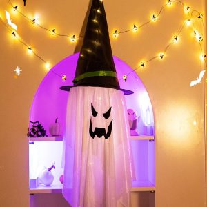 105cm White Pumpkin Glowing Wizard Hat, Ghost Witch Hanging Ornament