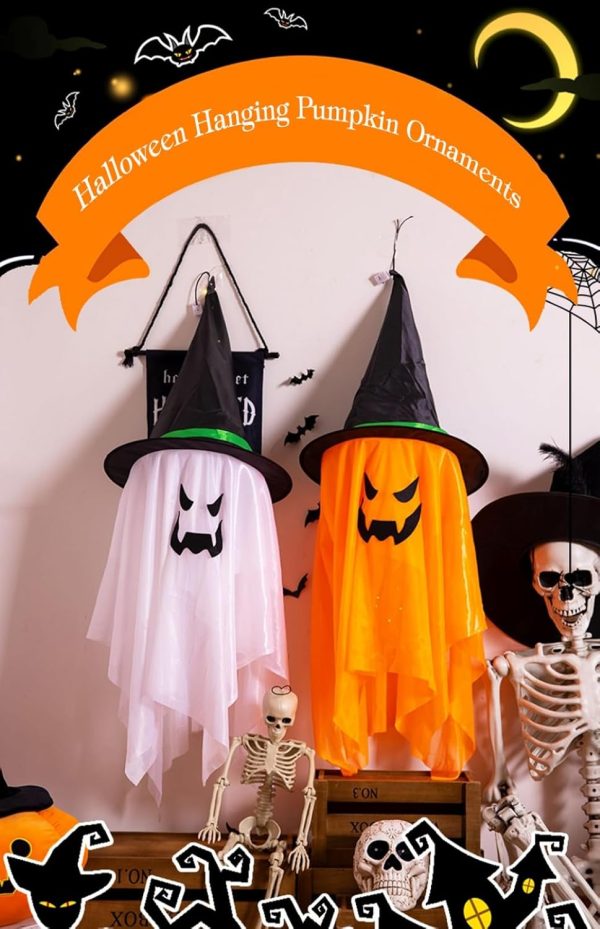 105cm White Pumpkin Glowing Wizard Hat, Ghost Witch Hanging Ornament