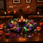 40-LED Light Up Halloween Wreath, 16-inch Maple Leaf Style, Orange Purple Green Glitter, with Timer