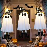 3-Pack Glow in the Dark Hanging Ghosts with Witch Hats, Outdoor Festive Atmosphere