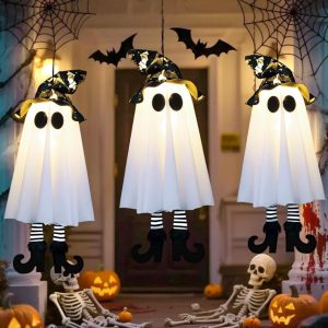 3-Pack Glow in the Dark Hanging Ghosts with Witch Hats, Outdoor Festive Atmosphere