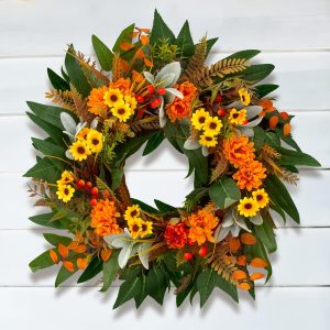 22-inch Daisy Fall Wreath, Green Leaves Mixed Flowers, Lamb’s Ear, Farmhouse Style
