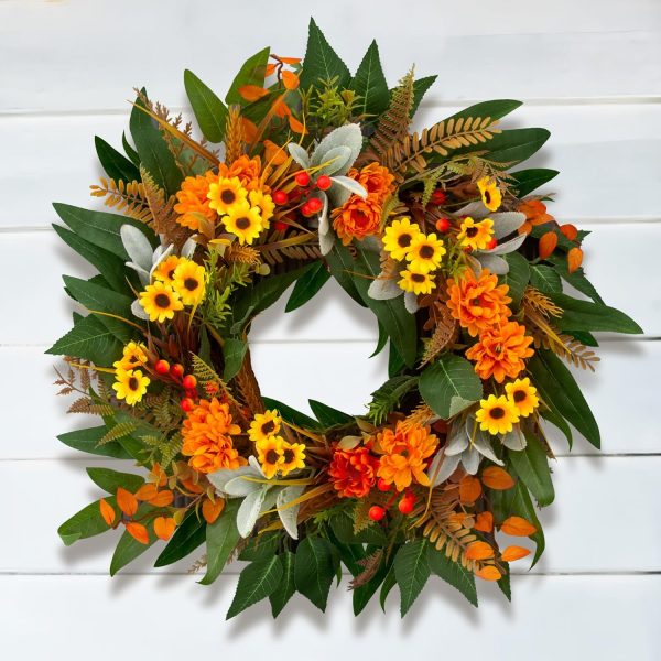 22-inch Daisy Fall Wreath, Green Leaves Mixed Flowers, Lamb’s Ear, Farmhouse Style
