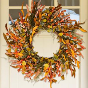 22-inch Orange Flower Fall Wreath, Colorful Mixed Leaves, Eucalyptus