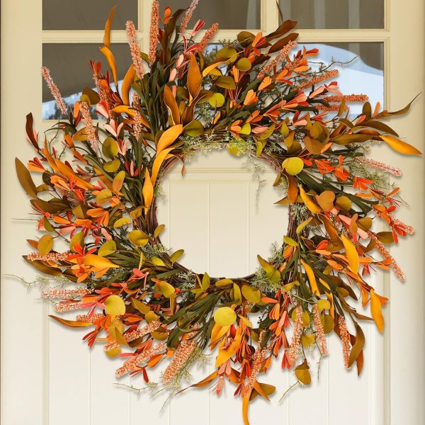 22-inch Orange Flower Fall Wreath, Colorful Mixed Leaves, Eucalyptus