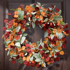 22-inch Fall Wreath, Lamb’s Ear Leaves, Eucalyptus Leaves, Pumpkin