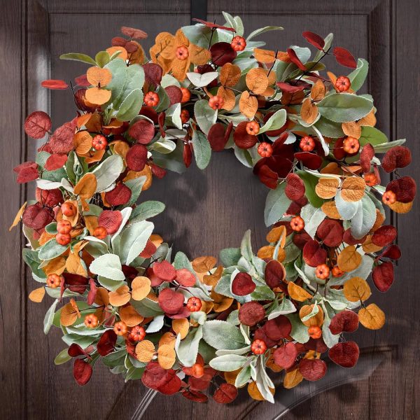 22-inch Fall Wreath, Lamb’s Ear Leaves, Eucalyptus Leaves, Pumpkin