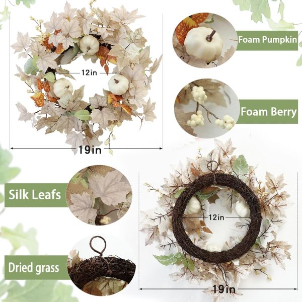 19-inch White Fall Wreath, Artificial Maple Leaves and Pumpkin
