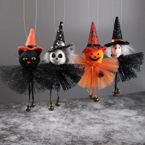 4-Piece Halloween Hanging Ornaments: Pumpkin, Ghost, Witch, Black Cat
