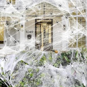 300g Stretchy Spider Web, 100 Black Horror Spiders, for Windows Doors Tables Fireplaces
