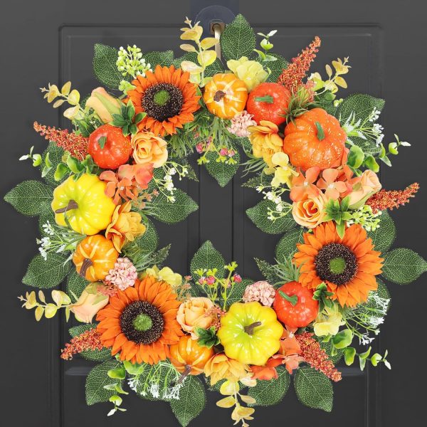 Artificial Fall Wreath, Pumpkin, Sunflower, Golden Wheat Ears, Hydrangea