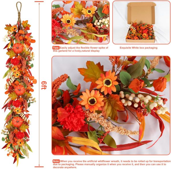 6ft Fall Garland, Maple Leaves, Pumpkins, Berries, Flowers, for Mantle