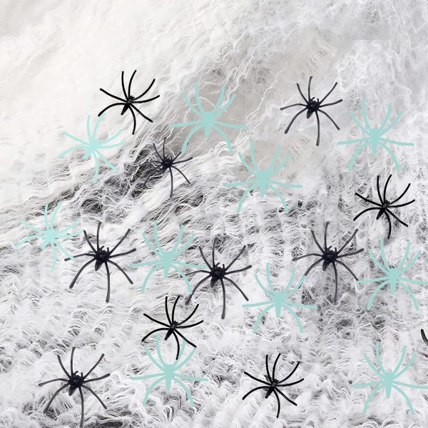 300 sq ft Spider Web, 10 Glow + 10 Black Fake Spiders, Large Stretchy Web