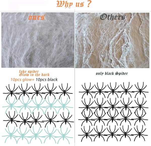 300 sq ft Spider Web, 10 Glow in the Dark + 10 Black Fake Spiders