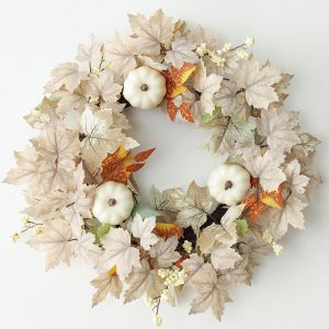 19-inch White Fall Wreath, Artificial Maple Leaves and Pumpkin