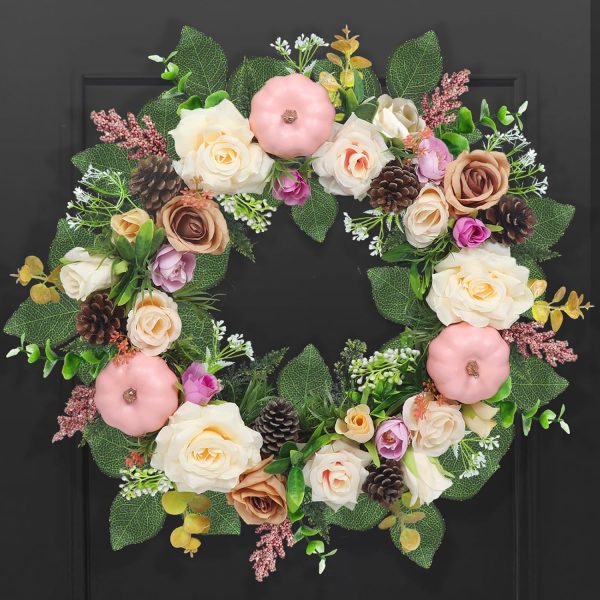 Artificial Fall Wreath, Pink Pumpkin, Rose, Camellia, for Weddings & Holidays
