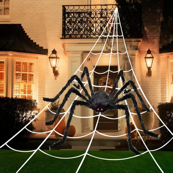 Round & Triangle Spider Web Set, Realistic Scary Hairy Spider, Porch Decoration