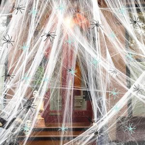 300 sq ft Spider Web, 10 Glow + 10 Black Fake Spiders, Large Stretchy Web