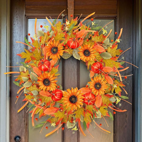 24-26 Inch Large Fall Wreath, Pumpkin, Berry, Leaf, Indoor & Outdoor